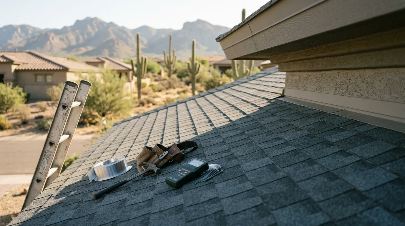 Roofer inspecting and repairing a residential roof in Arizona