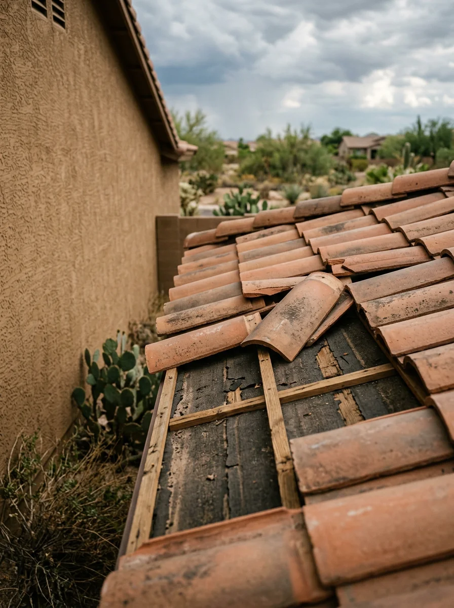 Close-up of a contractor inspecting lifted roof tiles on an Arizona home after a monsoon event, with storm clouds visible in the background.