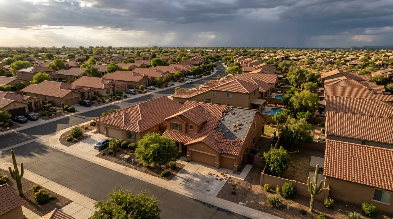 Aerial view of an Arizona residential neighborhood showing tile roofs and stucco siding under a monsoon storm sky, with visible wind damage to one roofline.