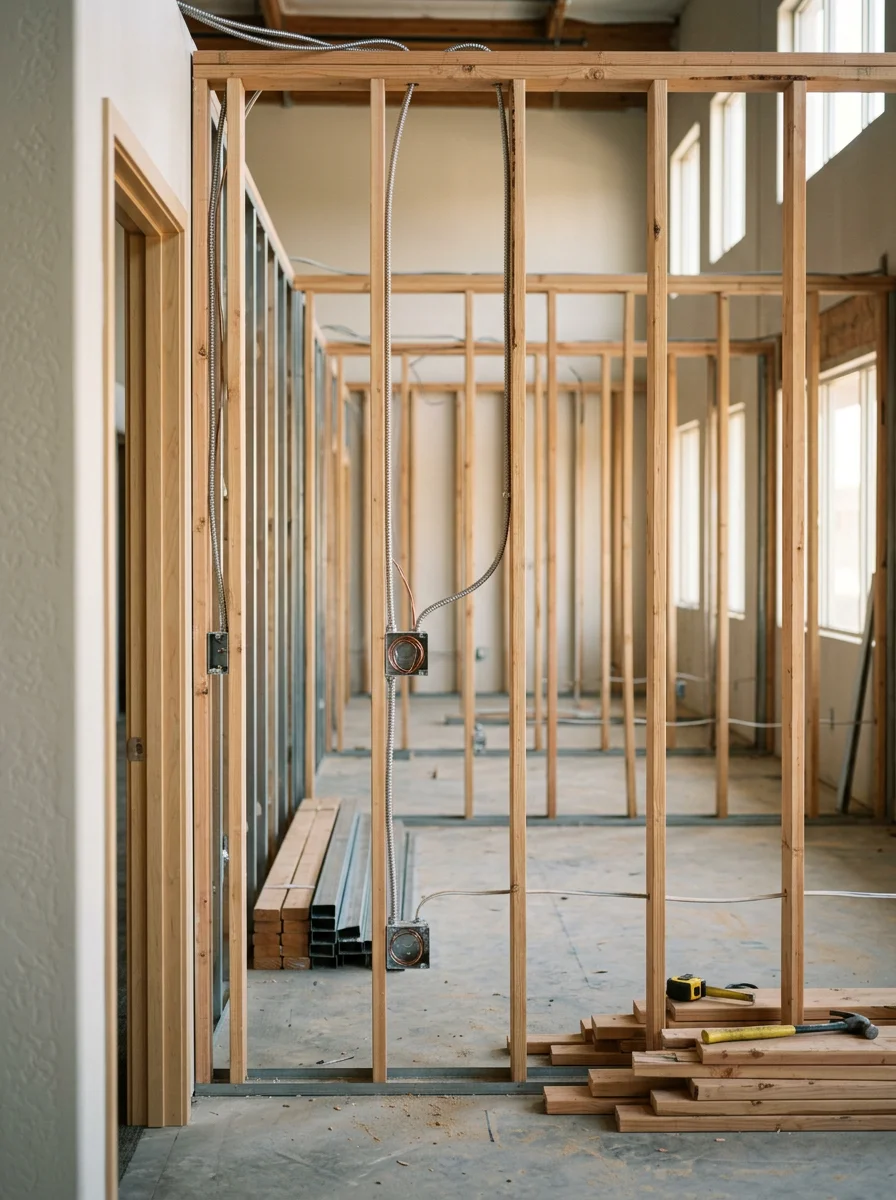 A Chandler commercial suite in a Price Road corporate park mid-tenant-improvement build-out, with new partition framing and electrical rough-in visible.