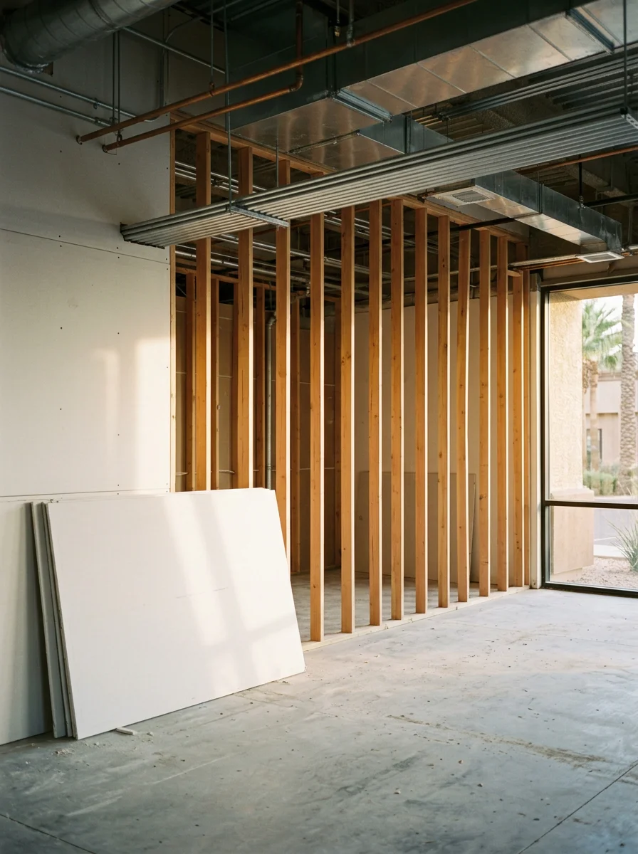 Interior of a Mesa commercial suite mid-tenant-improvement build-out, with new framing, drywall, and exposed mechanical rough-in visible.