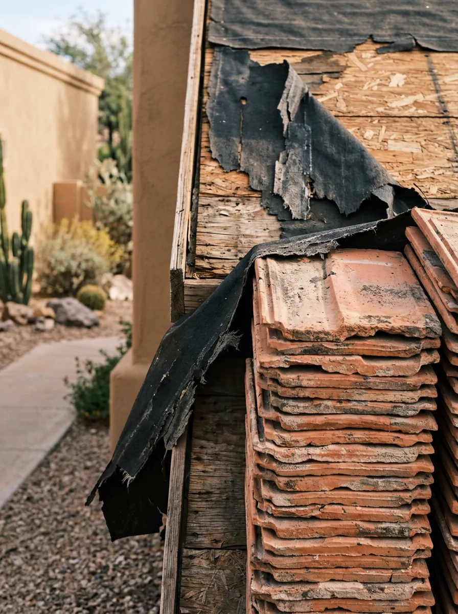 Close-up of a contractor removing degraded roofing underlayment from a Phoenix home, with original 1980s tile stacked to the side.
