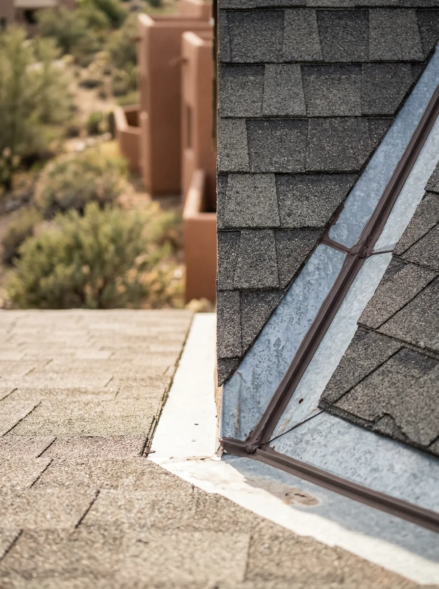Close-up of a contractor inspecting a North Scottsdale hillside home's complex roof valley and flashing detail for signs of water intrusion.