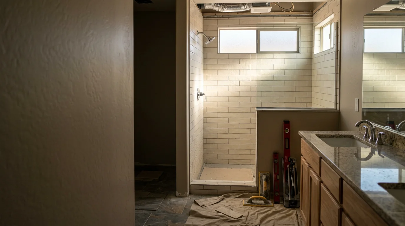 A newly remodeled bathroom in an Arizona home featuring an updated shower, modern vanity, and clean tile work. The finished space reflects durable, desert-ready design suited to the Arizona climate.