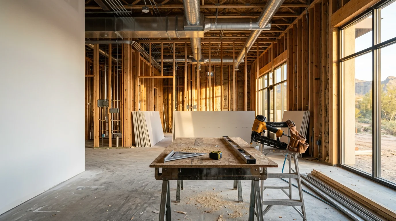 Finished commercial tenant improvement interior in Arizona showing clean drywall, updated lighting, and open office layout ready for occupancy. Morris Co general contracting work on a commercial buildout in an Arizona multi-tenant building.