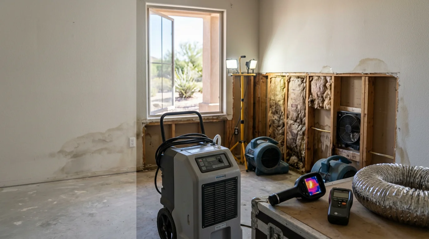 A Morris Co technician using moisture detection equipment on a drywall surface inside an Arizona home after water intrusion. Industrial drying equipment is positioned along the baseboard in a room with visible water damage.