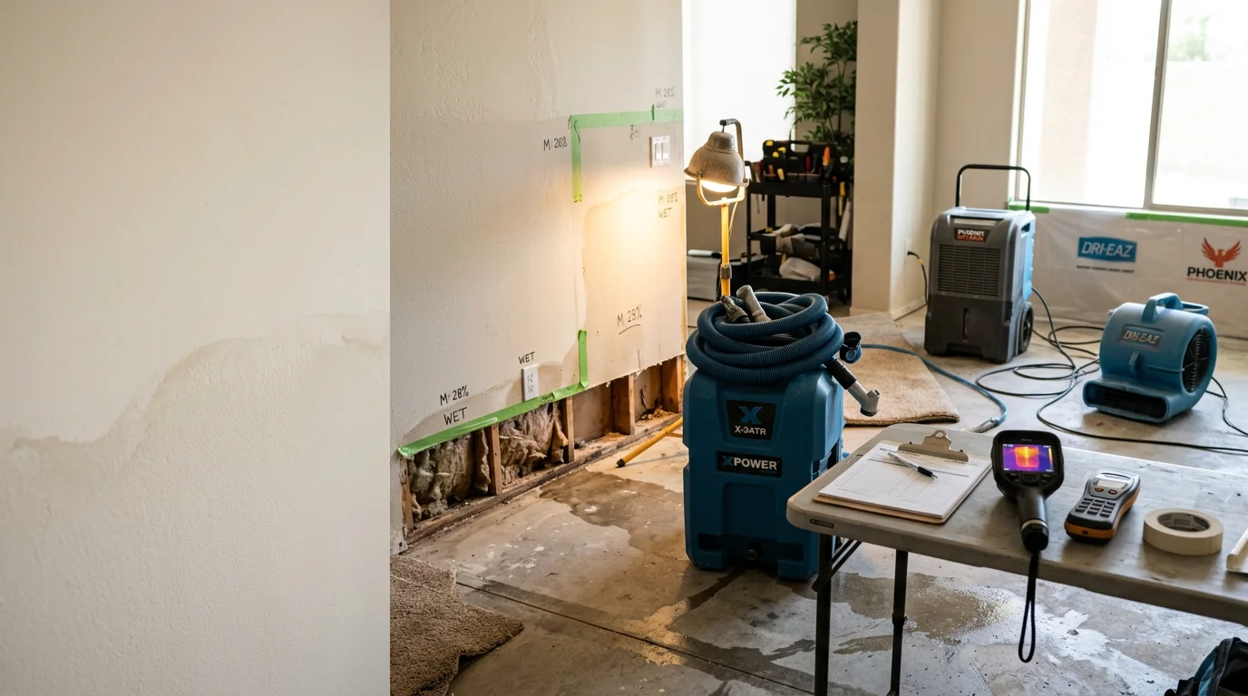 A Morris Co technician using moisture detection equipment on a water-damaged interior wall inside an Arizona home after flooding. Standing water is visible on the floor near the baseboard with extraction equipment in the background.