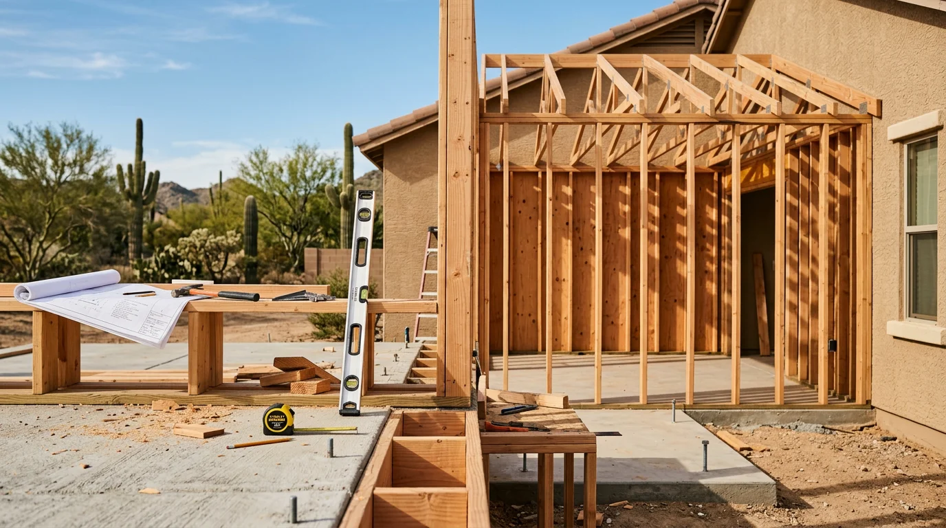 A newly completed home addition on an Arizona residential property, showing a seamless exterior tie-in to the existing structure with desert-appropriate finishes. The expanded living space extends the roofline of the original home under a clear Arizona sky.