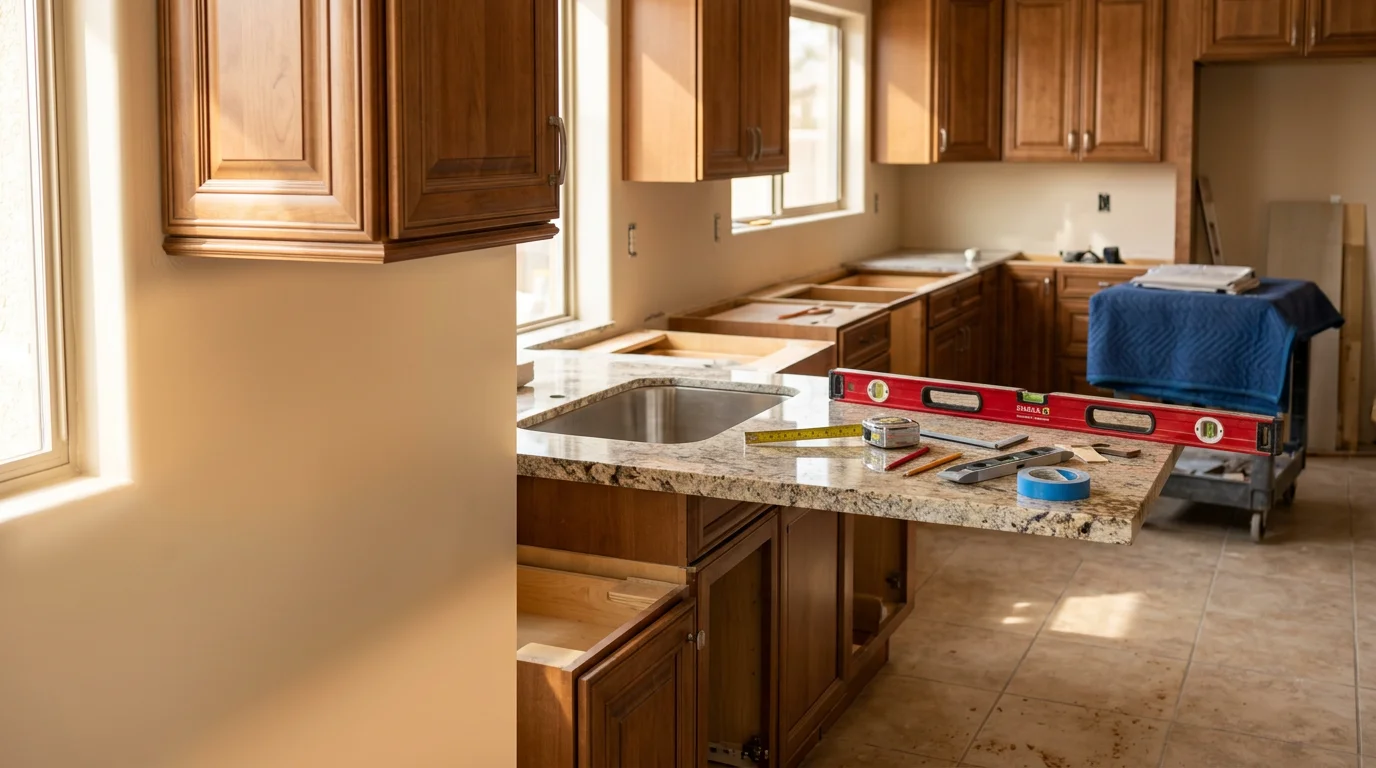 Remodeled kitchen in an Arizona home featuring updated cabinetry, new countertops, and modern fixtures. General contractor work completed by Morris Co as part of a full kitchen renovation project.