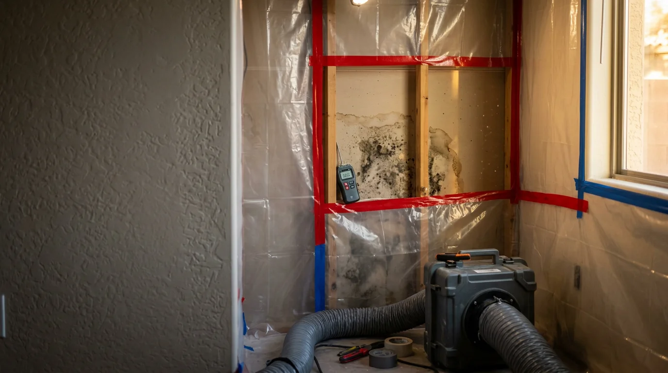 A Morris Co technician removing mold-damaged drywall from the interior wall of an Arizona home. Containment barriers are visible in the background to prevent spore spread during remediation.