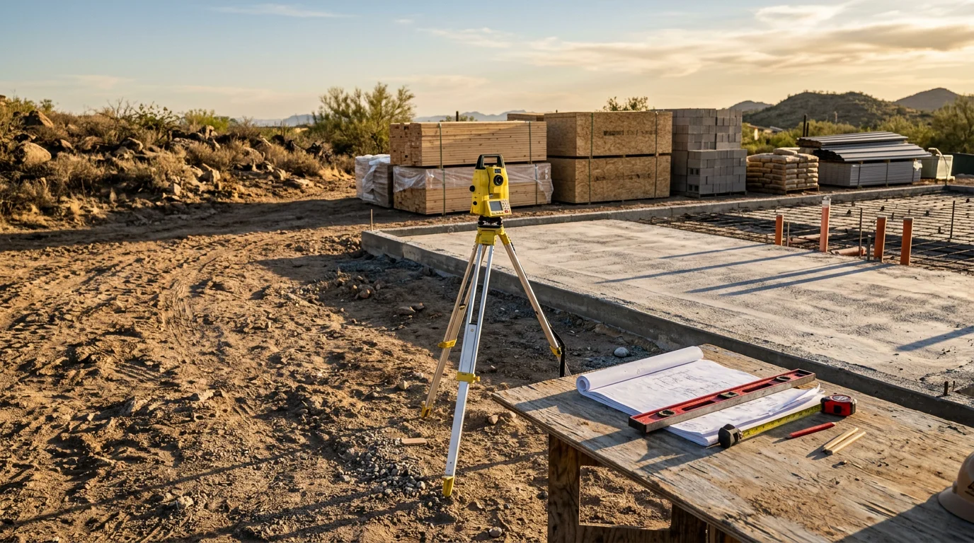 A newly constructed residential property in Arizona with a clean exterior finish, set against a clear desert sky. A Morris Co general contractor project showing completed framing and exterior work on an Arizona build site.