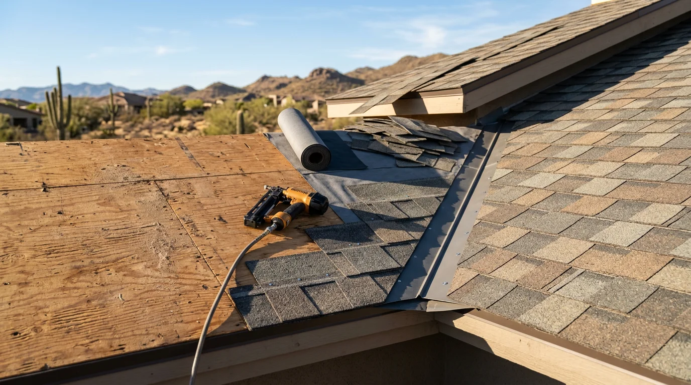 A newly installed residential roof on an Arizona home, showing clean rooflines and properly fitted materials suited for the desert climate. The surrounding landscape reflects a typical Arizona neighborhood setting under a clear, sunny sky.