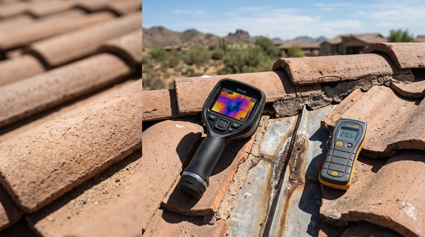 A roofing technician inspecting flashing and seam areas on a flat roof in Arizona, checking for moisture entry points during a professional roof leak detection service. Close-up view shows worn sealant and a drainage area on a sun-exposed desert home rooftop.