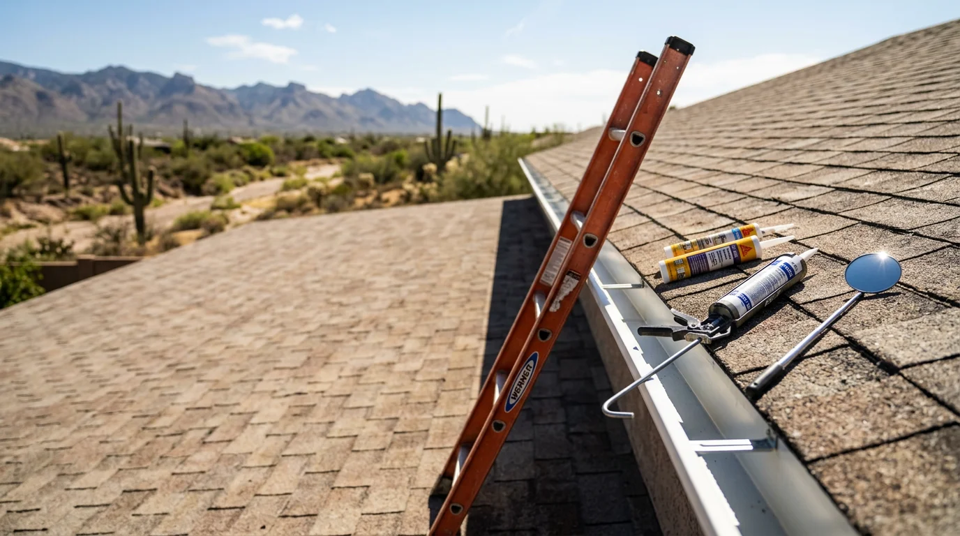 A roofing contractor inspecting flashings and drainage points on a residential roof in Arizona. The image shows a sun-weathered rooftop with visible wear from desert heat and monsoon exposure.
