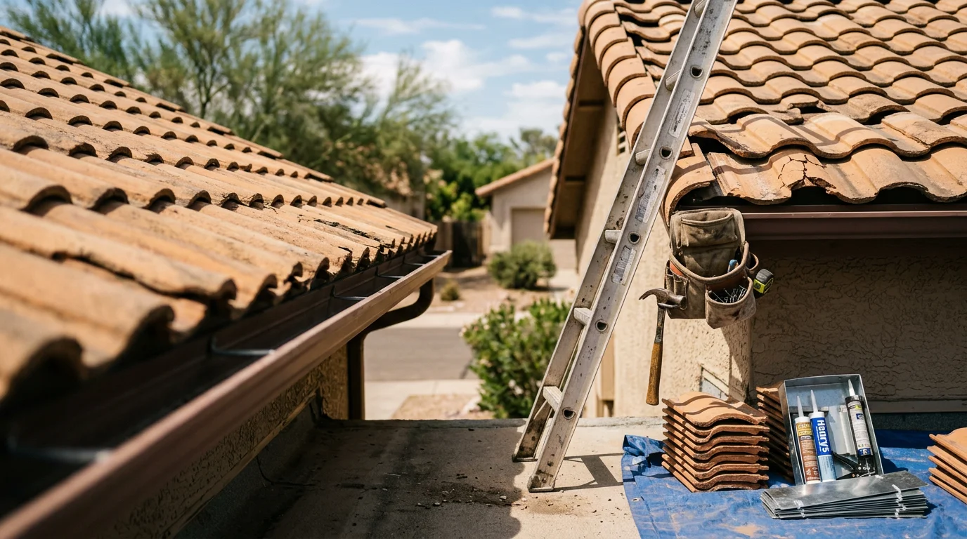 A repaired residential rooftop in Arizona showing restored tiles and sealed flashing under a clear desert sky. Close-up view of the completed repair area with no visible cracks or lifted materials.