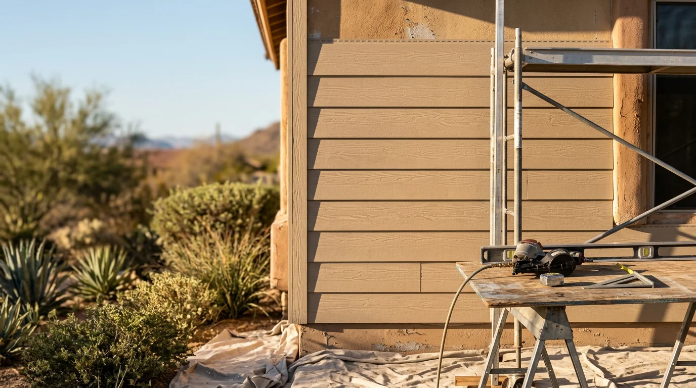 Freshly installed siding on a single-family home in Arizona, showing clean panel lines and trim work against a desert landscape background. A Morris Co crew completes the exterior installation on a sunny Arizona day.