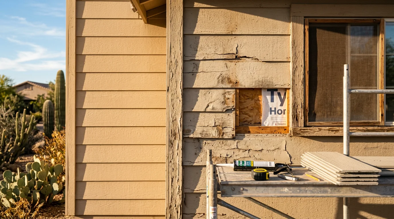 Close-up of a repaired exterior siding panel on an Arizona home, showing a seamless patch where cracked and warped sections were replaced. The finished repair blends with the surrounding siding against a clear desert sky background.