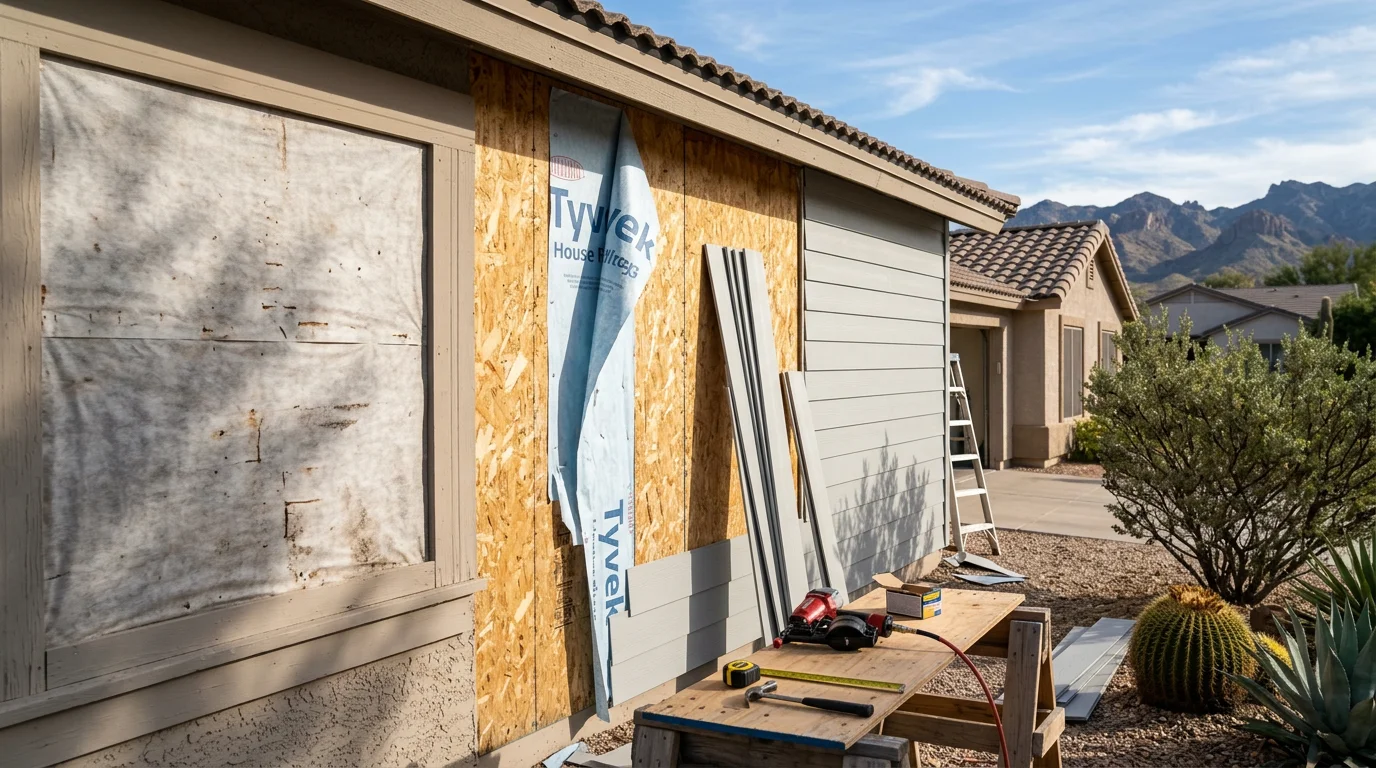 A freshly replaced exterior siding installation on an Arizona residential home, showing clean panel lines and a uniform finish. The completed replacement covers the full front facade of the house against a clear desert sky.