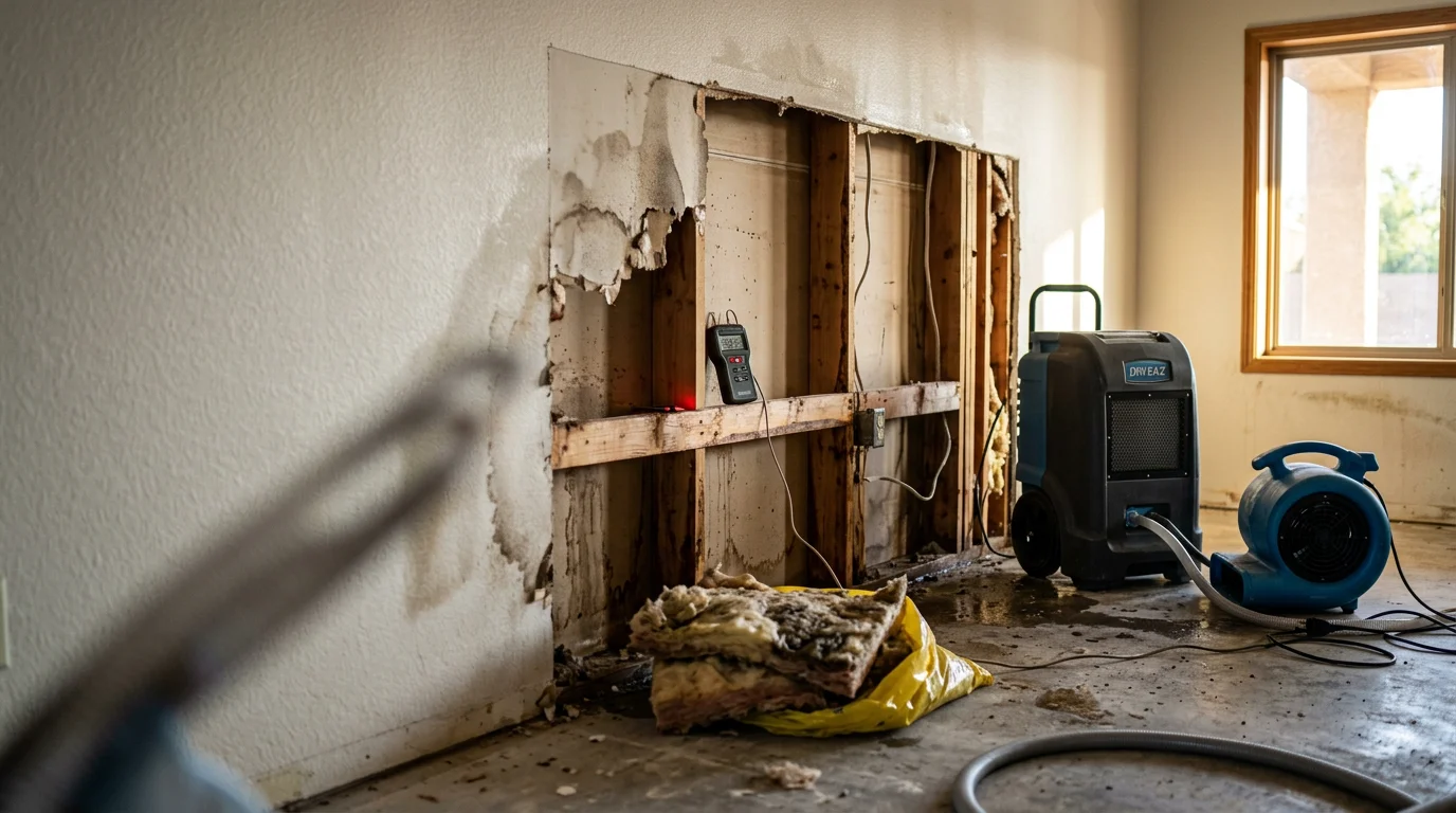 A restored interior room in an Arizona home showing dried and repaired drywall and flooring after water damage. A technician inspects the area following structural drying and water extraction work.